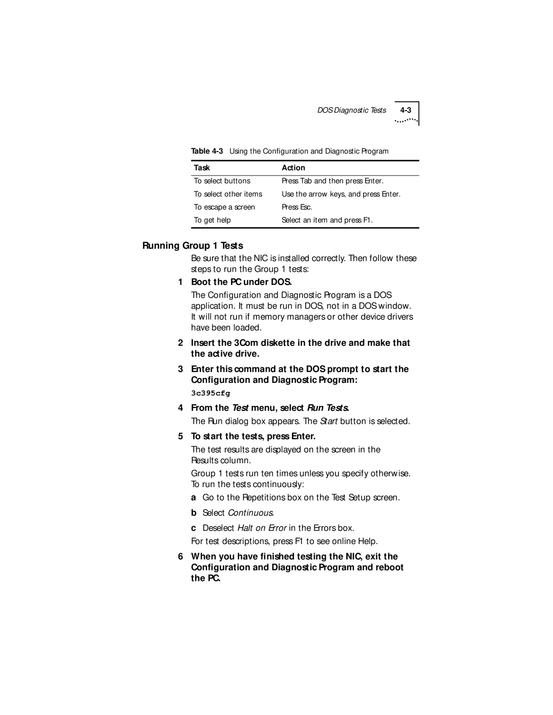 3Com Server manual Running Group 1 Tests, Boot the PC under DOS, From the Test menu, select Run Tests, TaskAction 