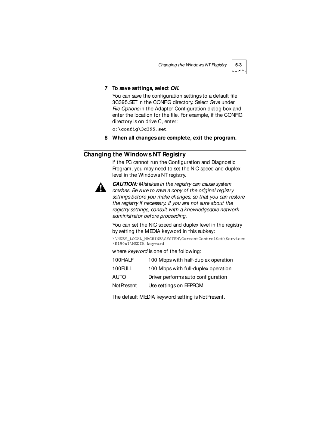 3Com Server Changing the Windows NT Registry, To save settings, select OK, When all changes are complete, exit the program 