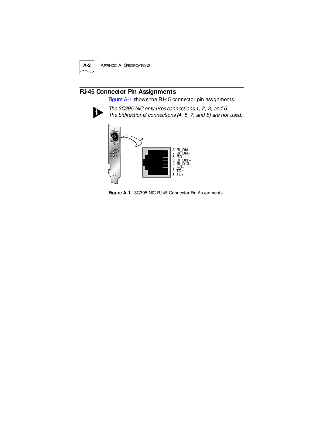 3Com Server manual RJ-45 Connector Pin Assignments, Figure A-1 shows the RJ-45 connector pin assignments 