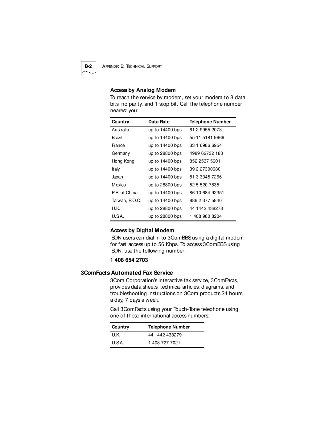 3Com Server manual 3ComFacts Automated Fax Service, Access by Analog Modem, Access by Digital Modem, 408 654 