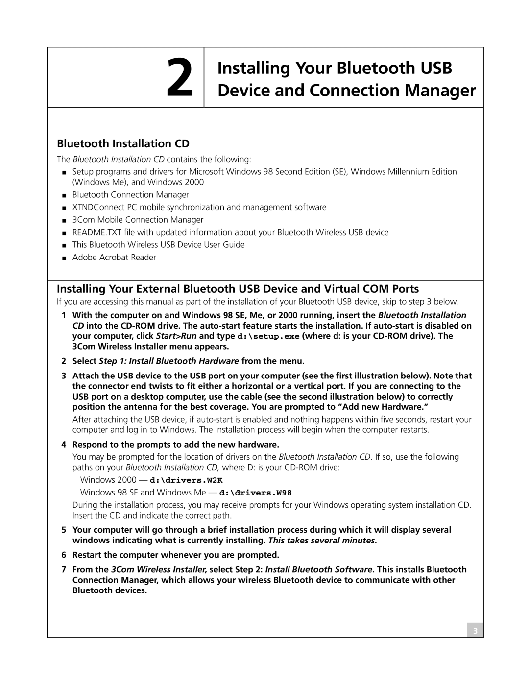 3Com SL-1020, SL-1021 manual Bluetooth Installation CD, Respond to the prompts to add the new hardware 