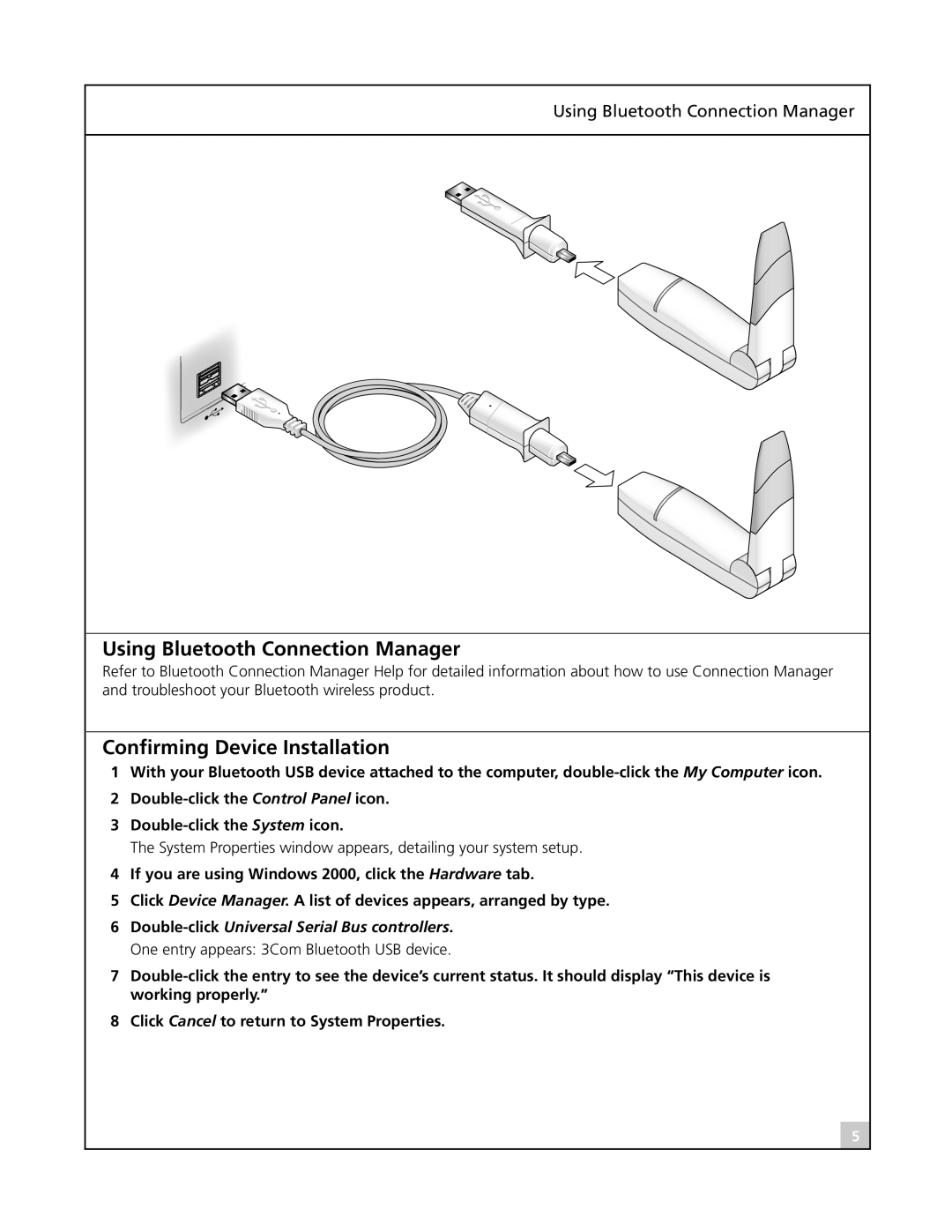 3Com SL-1020, SL-1021 manual Using Bluetooth Connection Manager, Confirming Device Installation 