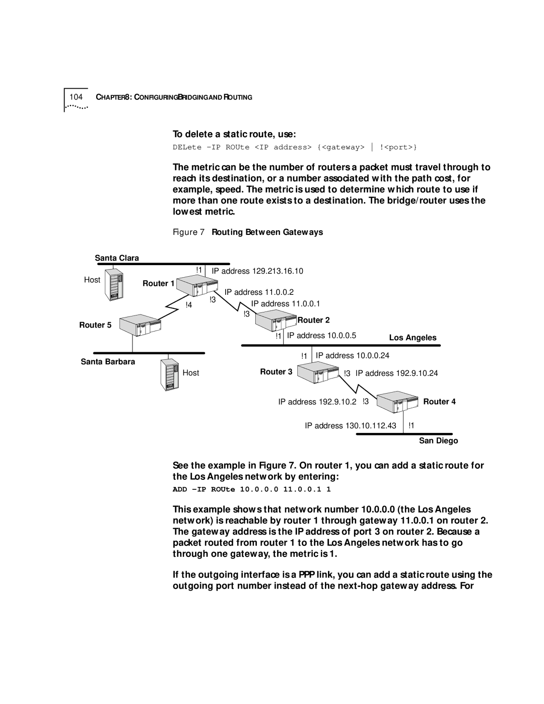 3Com SuperStack II, NETBuilder SI manual To delete a static route, use, Routing Between Gateways 