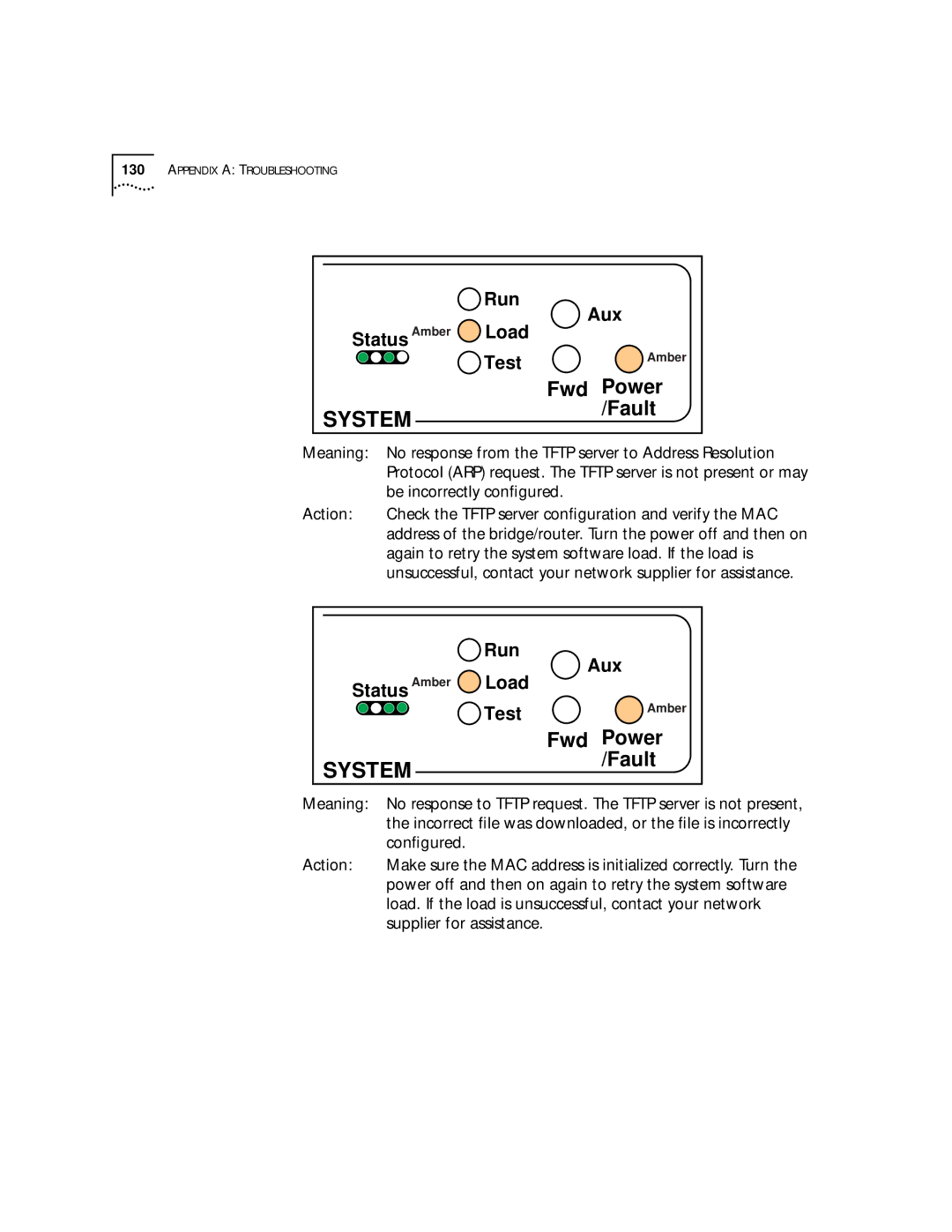 3Com SuperStack II manual Be incorrectly conﬁgured, Conﬁgured, Power off and then on again to retry the system software 