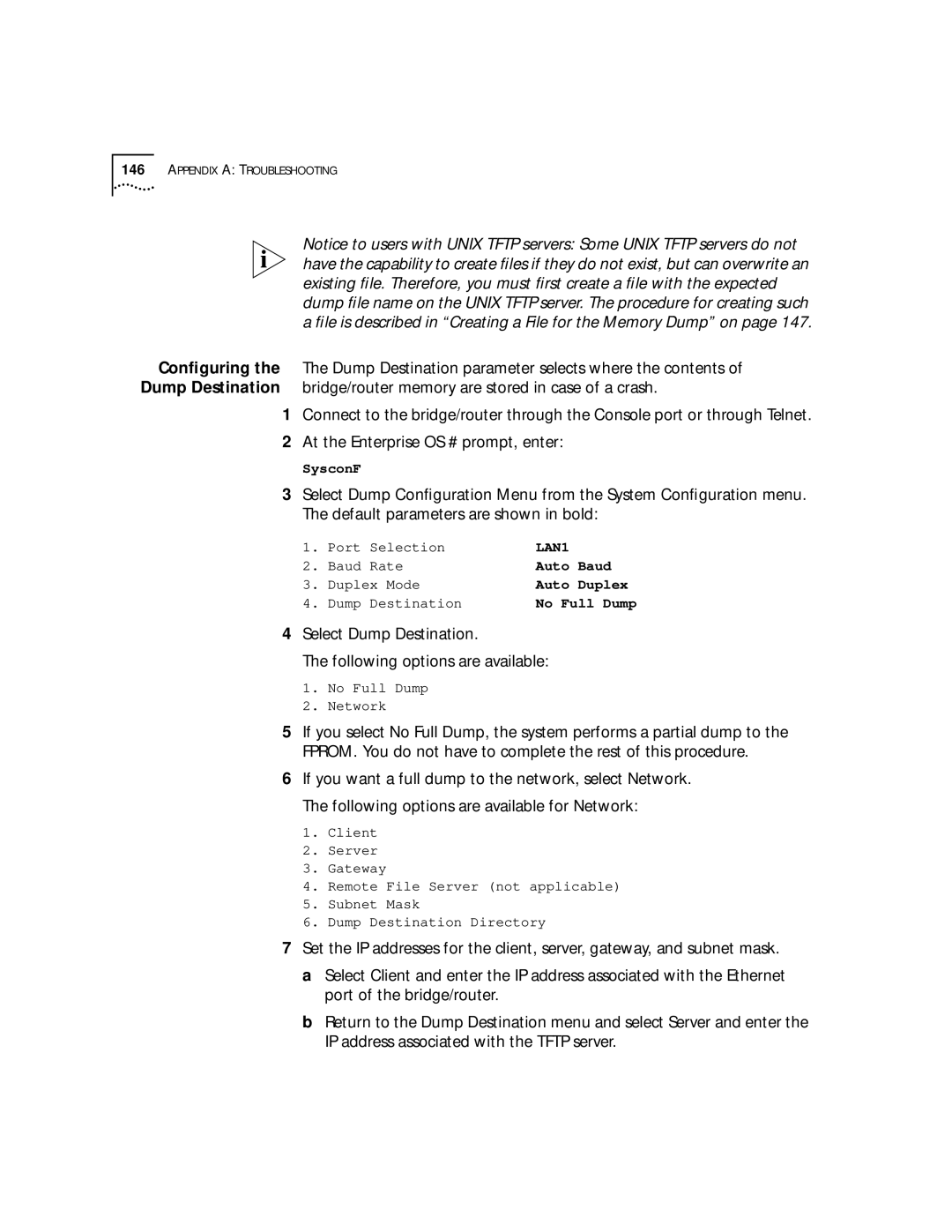 3Com SuperStack II, NETBuilder SI manual Select Dump Destination Following options are available 