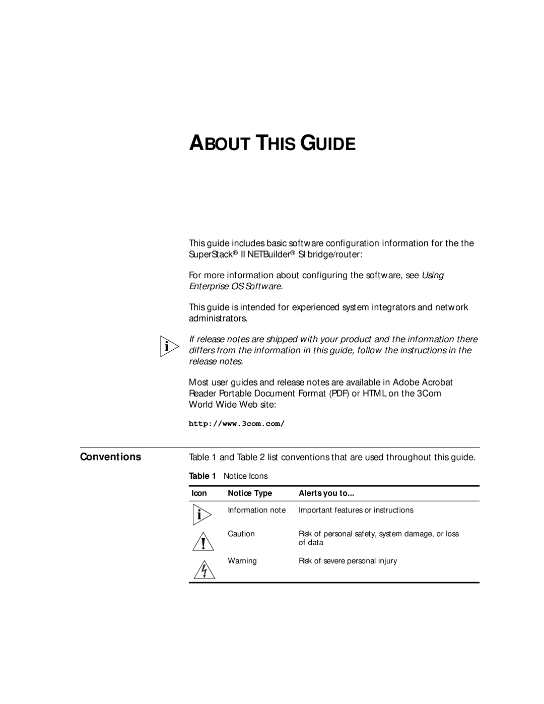 3Com NETBuilder SI About this Guide, Conventions, List conventions that are used throughout this guide, Icon Alerts you to 