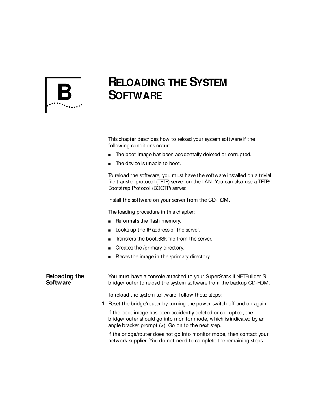 3Com NETBuilder SI, SuperStack II manual Reloading the System B Software 