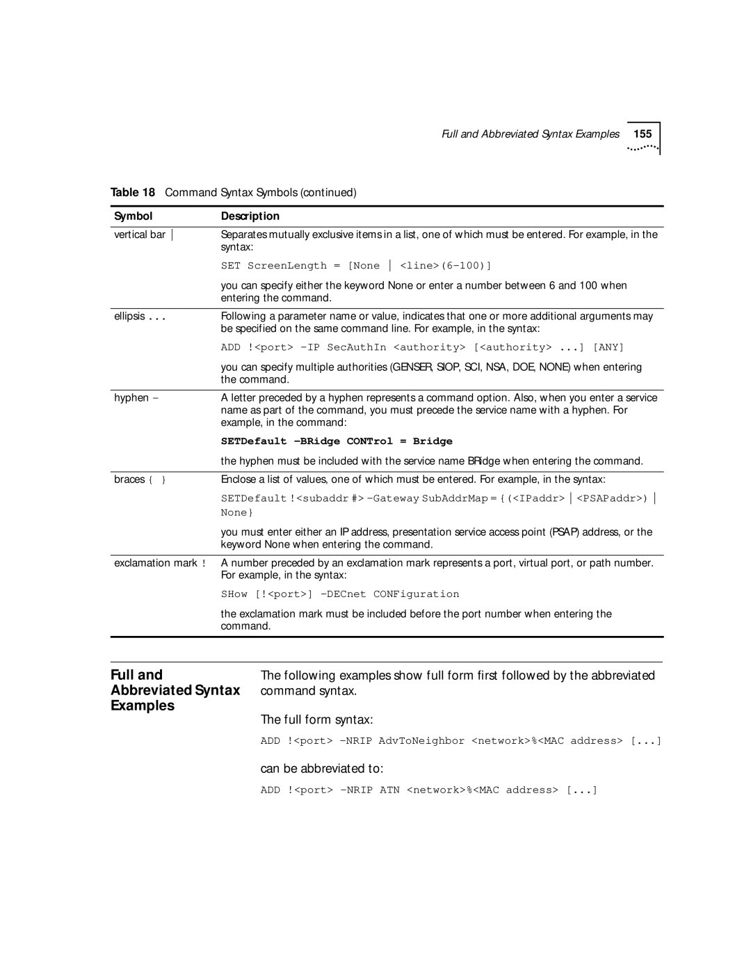 3Com NETBuilder SI, SuperStack II manual Full, Abbreviated Syntax, Examples 