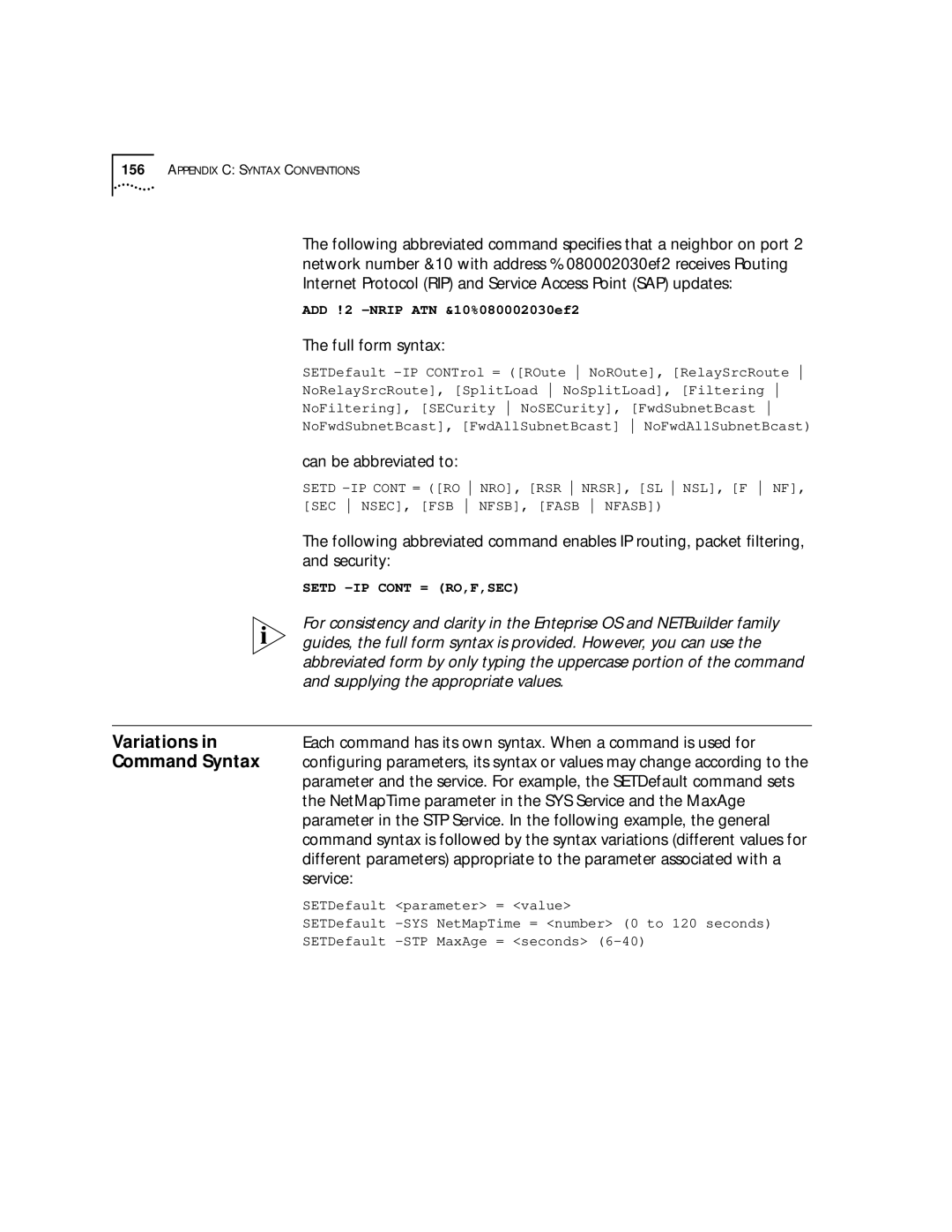 3Com SuperStack II, NETBuilder SI manual Variations, Command Syntax 