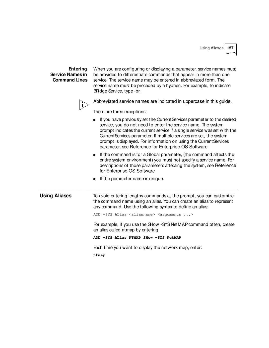 3Com NETBuilder SI, SuperStack II manual Using Aliases, Entering, Service Names, Command Lines 