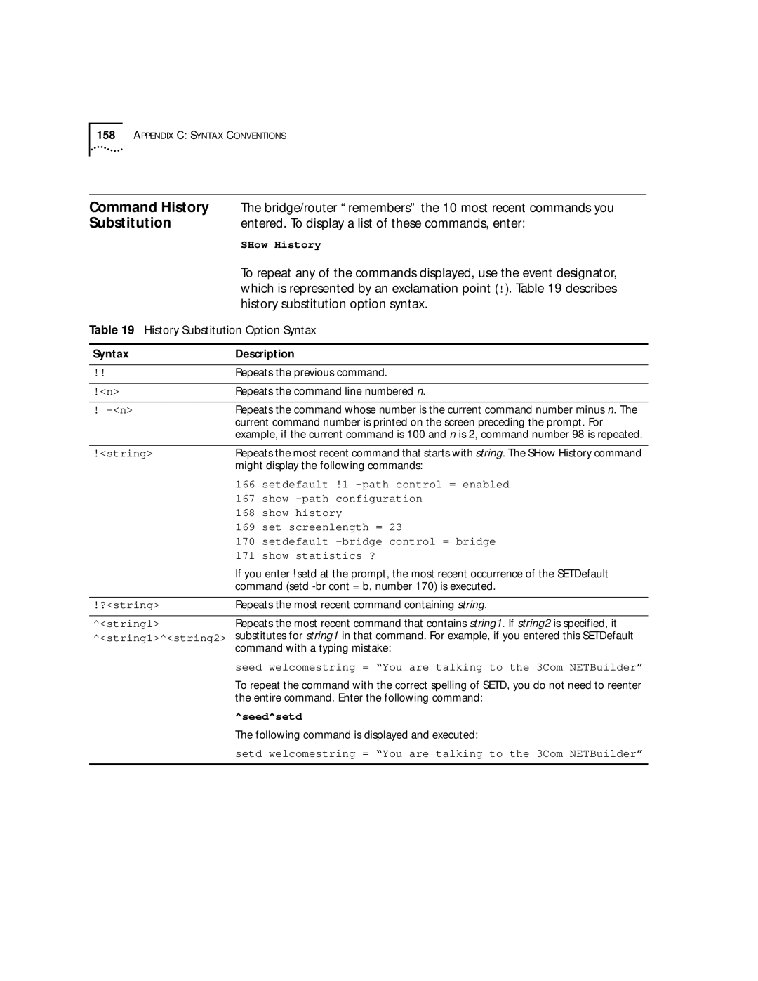 3Com SuperStack II, NETBuilder SI manual Command History, Substitution 