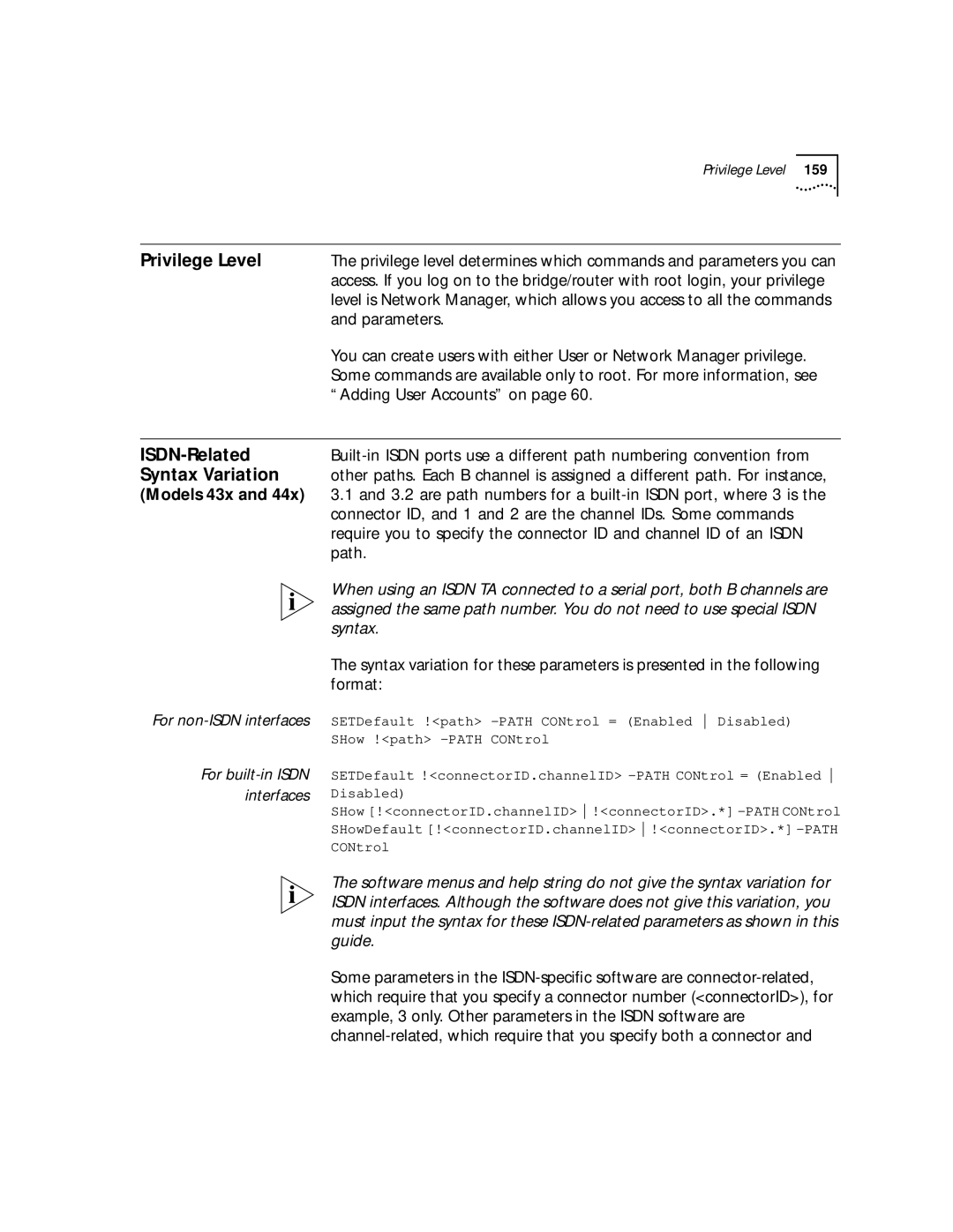 3Com NETBuilder SI, SuperStack II manual Privilege Level, ISDN-Related, Syntax Variation, Models 43x 