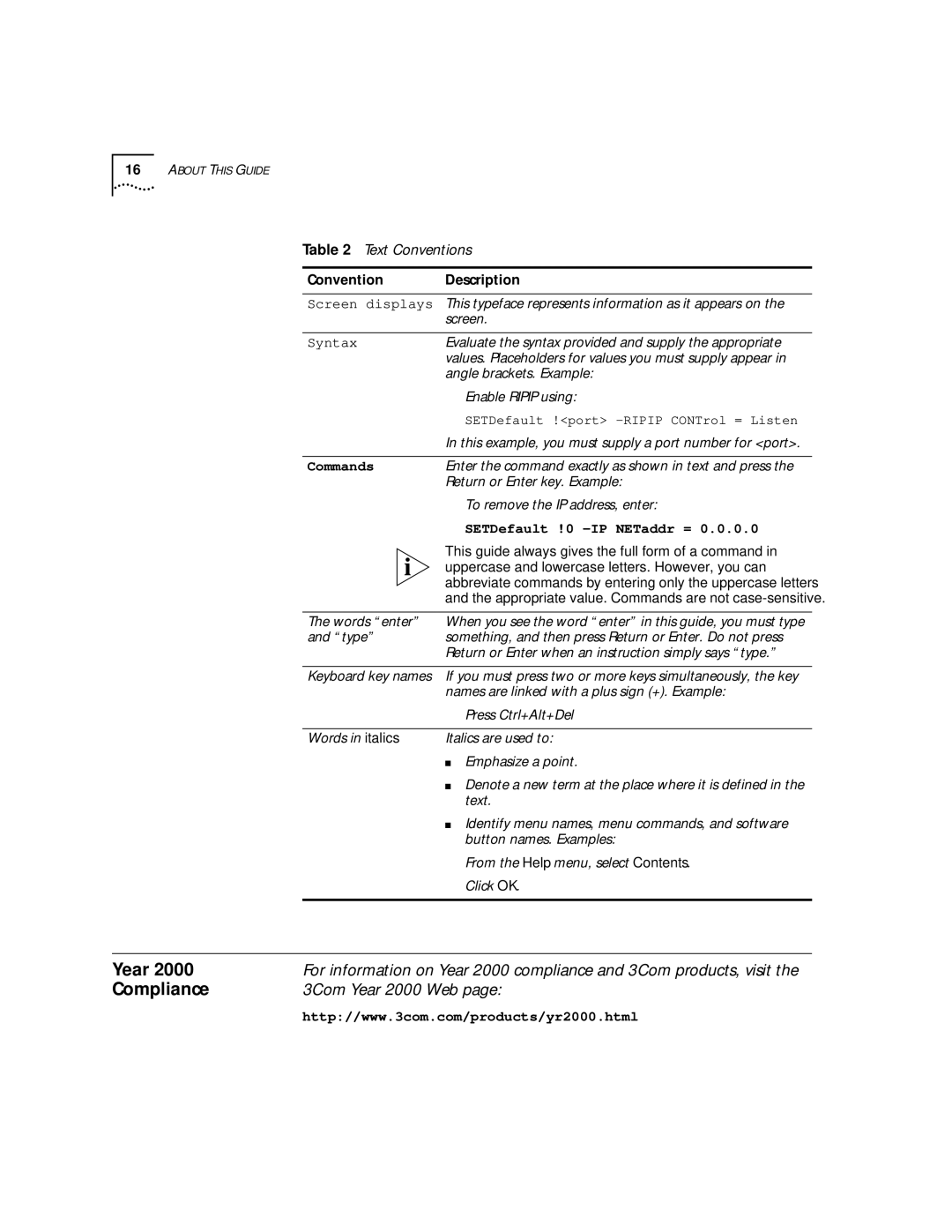 3Com SuperStack II, NETBuilder SI manual Compliance, 3Com Year 2000 Web, Text Conventions, Convention Description 