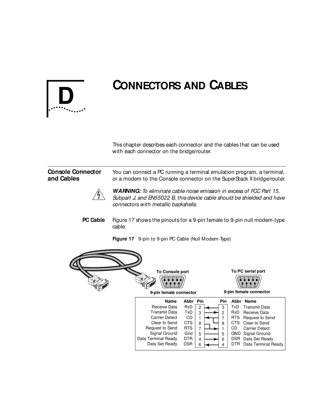 3Com NETBuilder SI, SuperStack II manual Connectors and Cables, Console Connector, PC Cable 