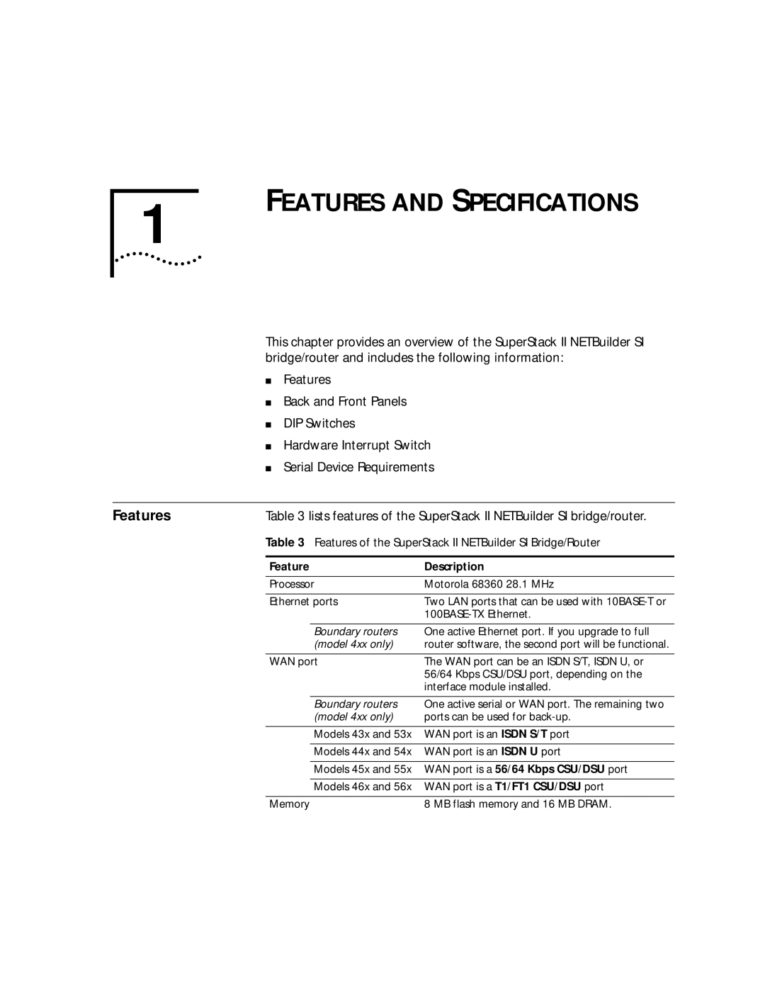 3Com manual Features and Specifications, Features of the SuperStack II NETBuilder SI Bridge/Router, Feature Description 