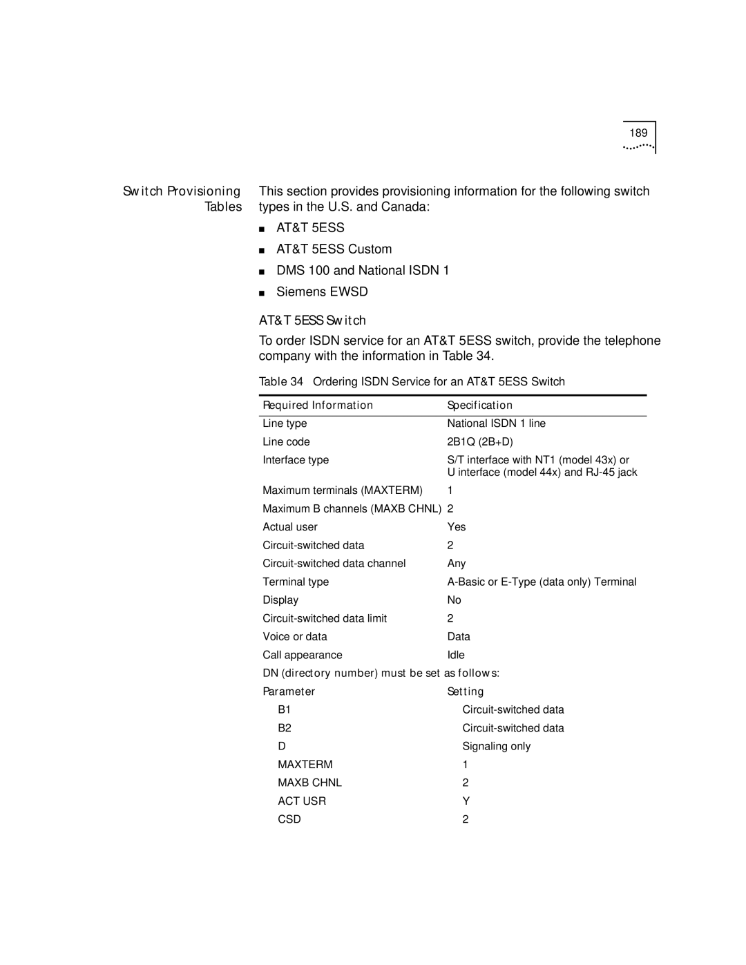 3Com NETBuilder SI AT&T 5ESS Custom DMS 100 and National Isdn Siemens Ewsd, AT&T 5ESS Switch, 189, Required Information 