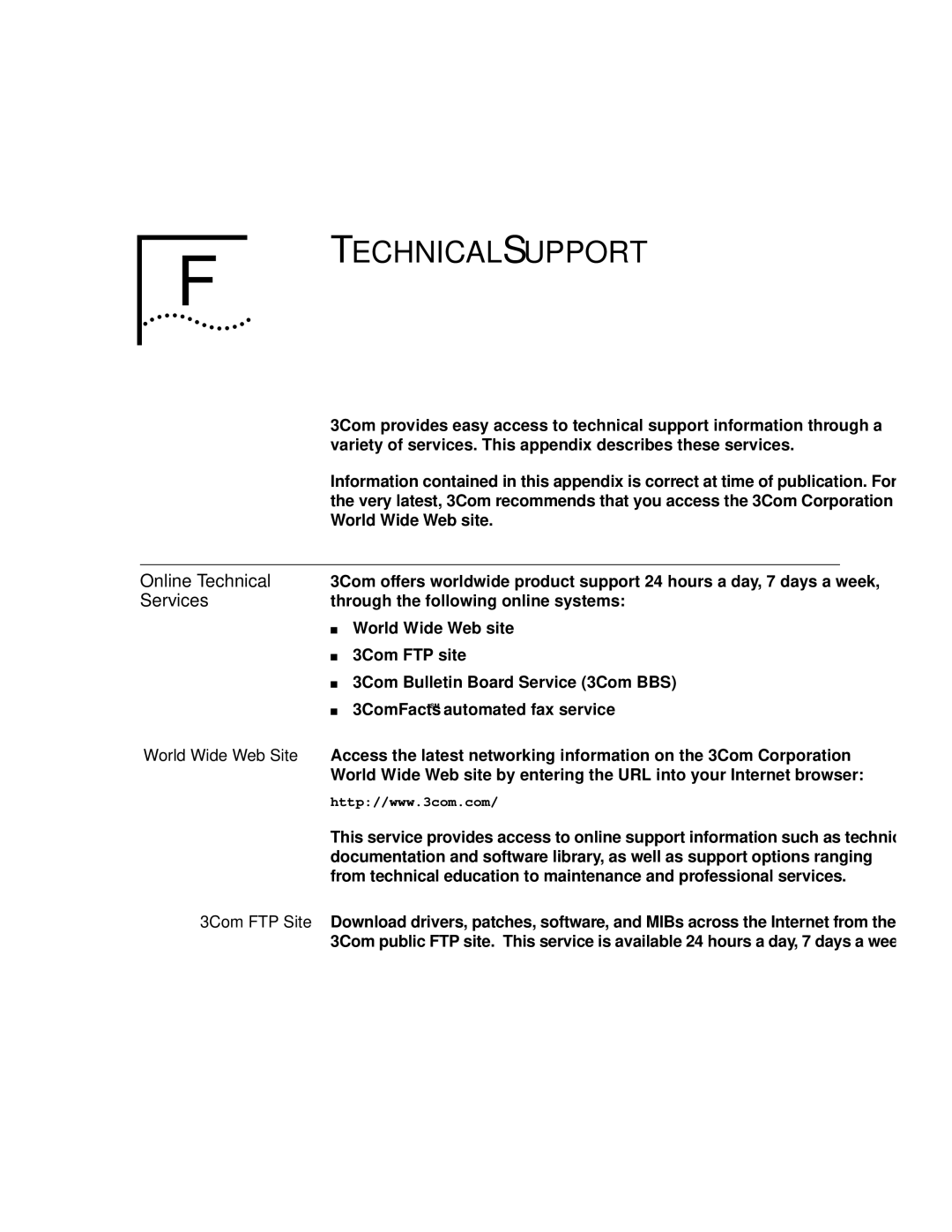 3Com NETBuilder SI, SuperStack II manual Technical Support, Online Technical, 3Com FTP Site 