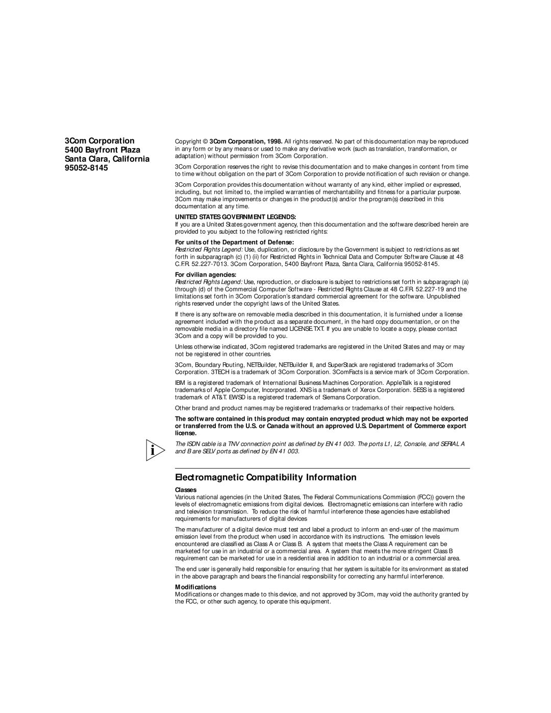 3Com SuperStack II, NETBuilder SI manual Electromagnetic Compatibility Information 