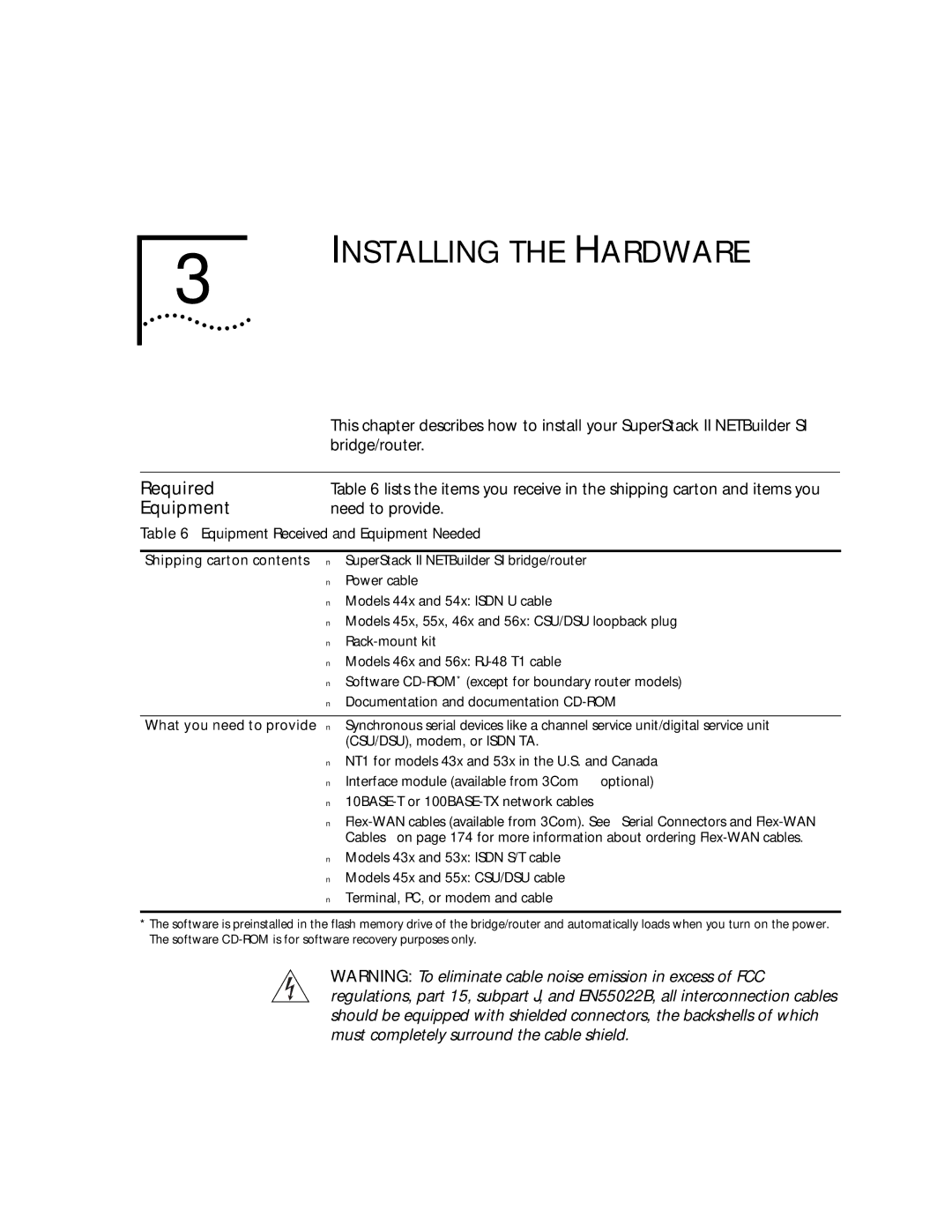 3Com NETBuilder SI, SuperStack II manual Installing the Hardware, Required, Equipment, Bridge/router, Need to provide 