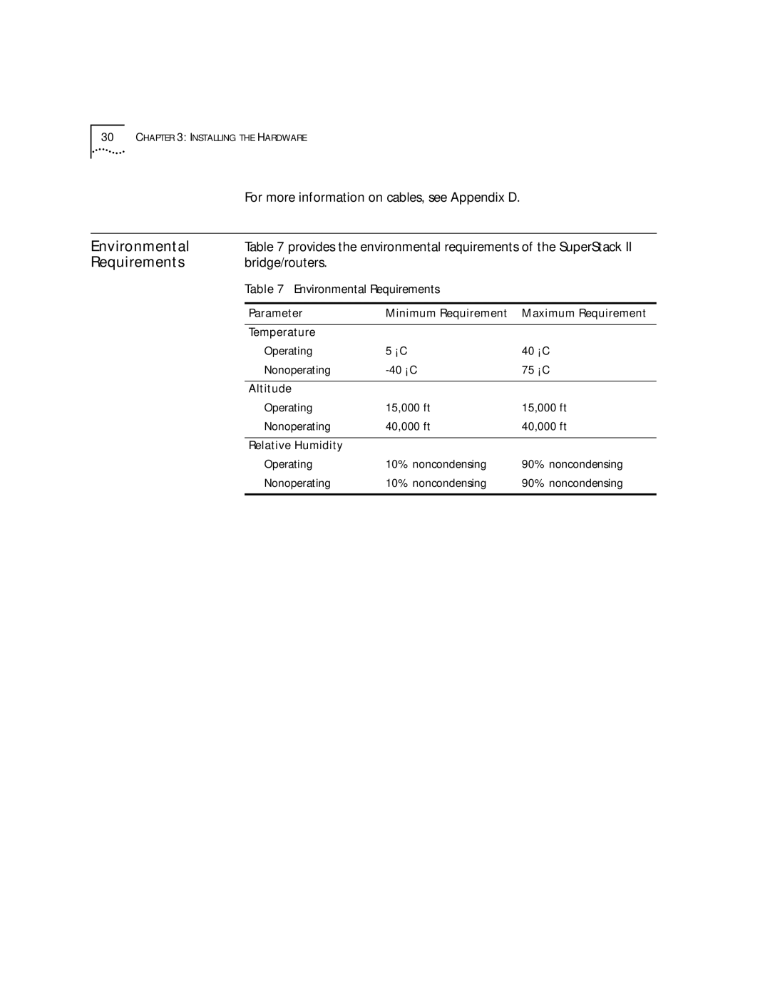 3Com SuperStack II, NETBuilder SI manual Environmental, For more information on cables, see Appendix D, Bridge/routers 