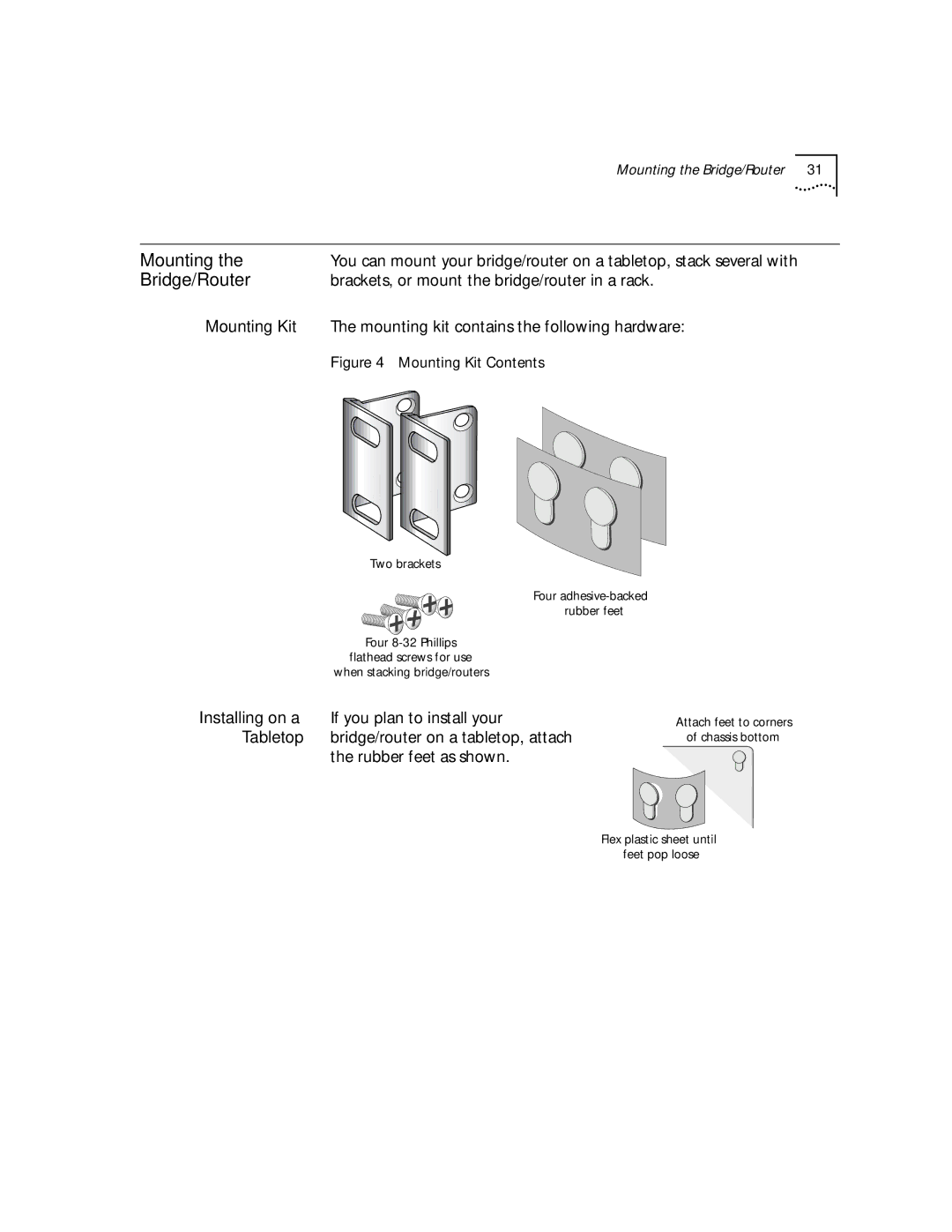 3Com NETBuilder SI, SuperStack II manual Mounting, Bridge/Router, Brackets, or mount the bridge/router in a rack 