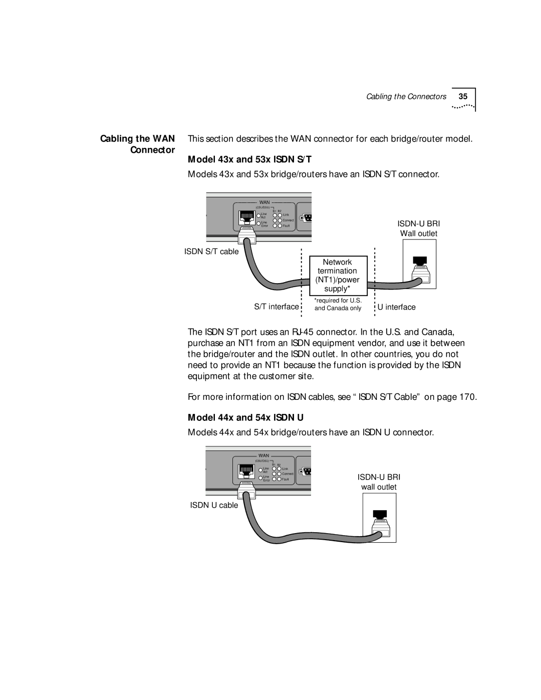 3Com NETBuilder SI, SuperStack II manual Connector Model 43x and 53x Isdn S/T, Model 44x and 54x Isdn U 