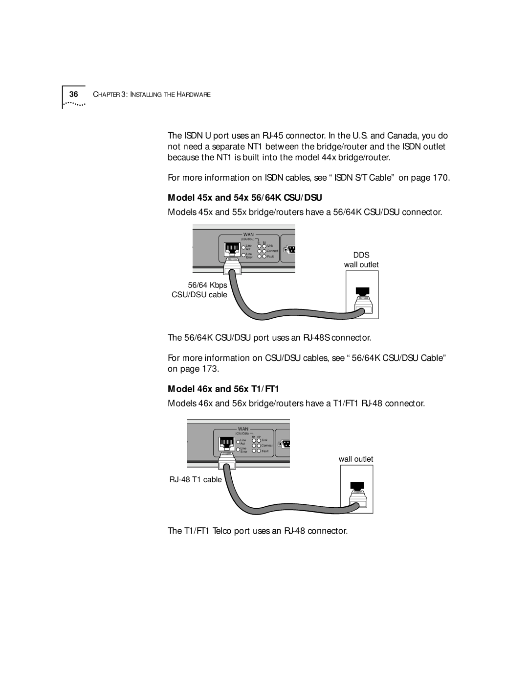 3Com SuperStack II Model 45x and 54x 56/64K CSU/DSU, Model 46x and 56x T1/FT1, T1/FT1 Telco port uses an RJ-48 connector 