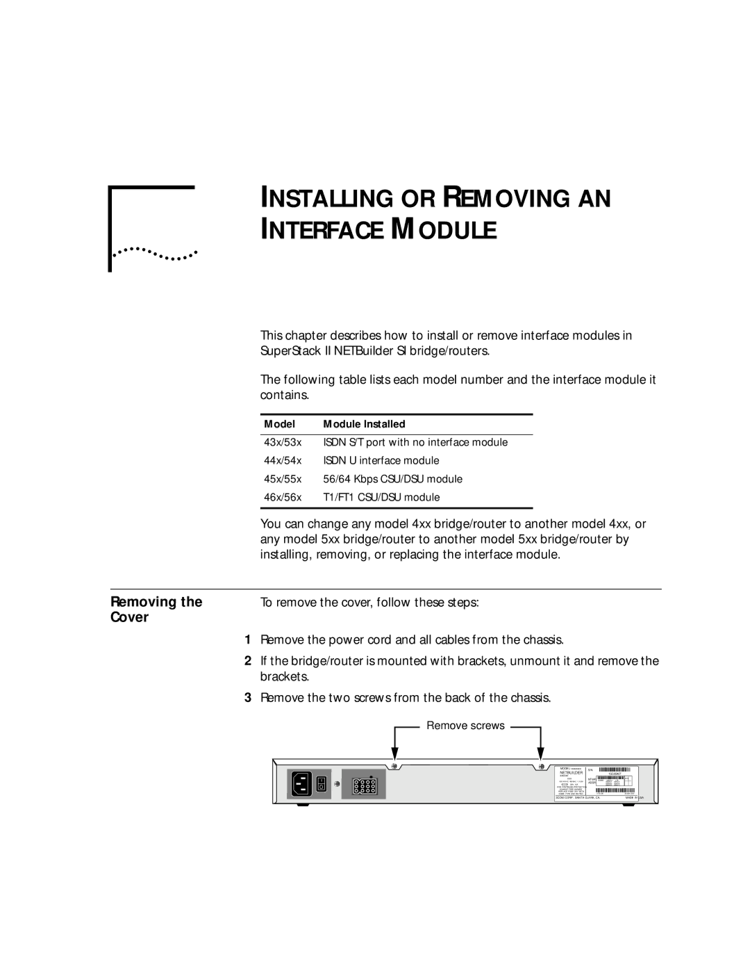 3Com NETBuilder SI, SuperStack II manual Installing or Removing AN Interface Module, Cover 