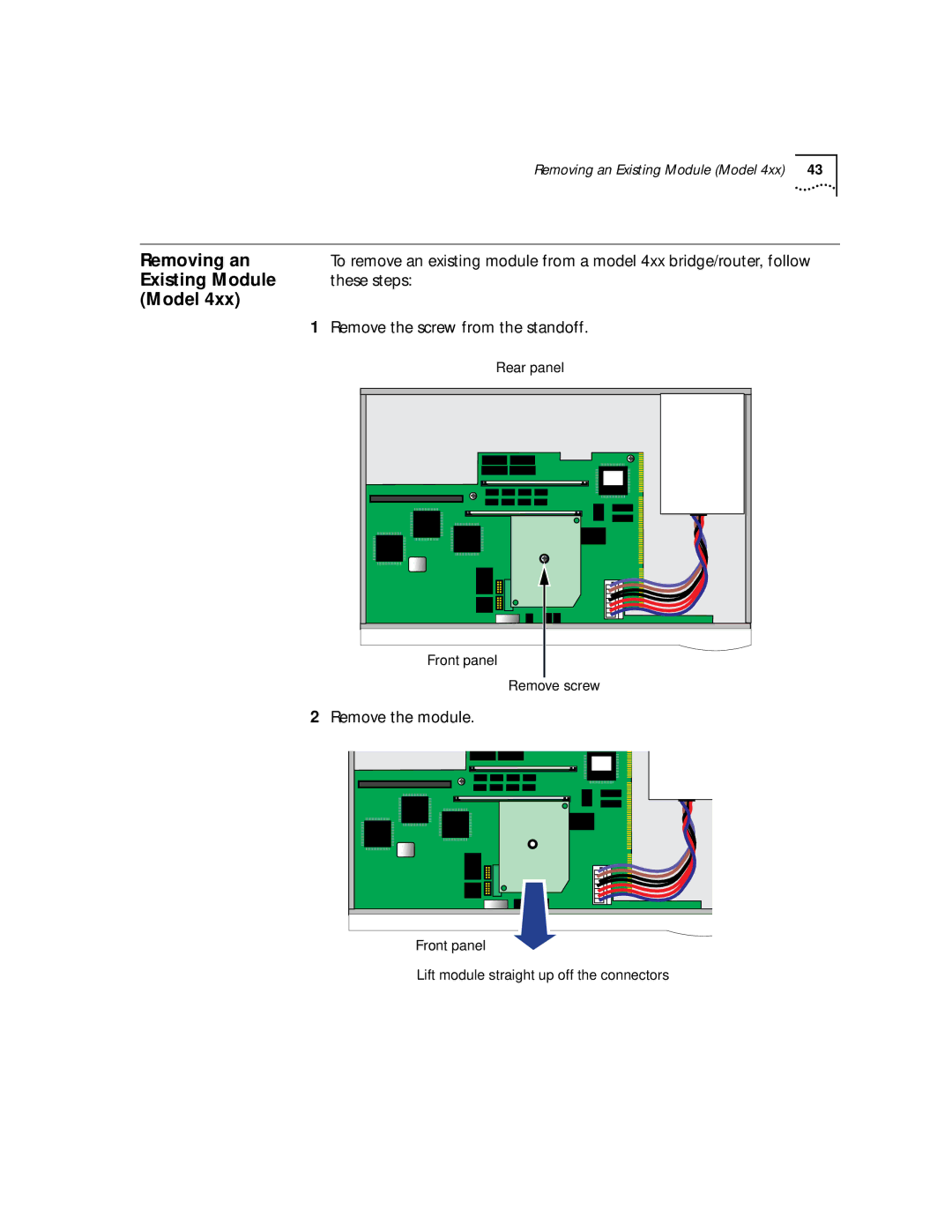 3Com NETBuilder SI, SuperStack II Removing an, Existing Module, Model, These steps, Remove the screw from the standoff 