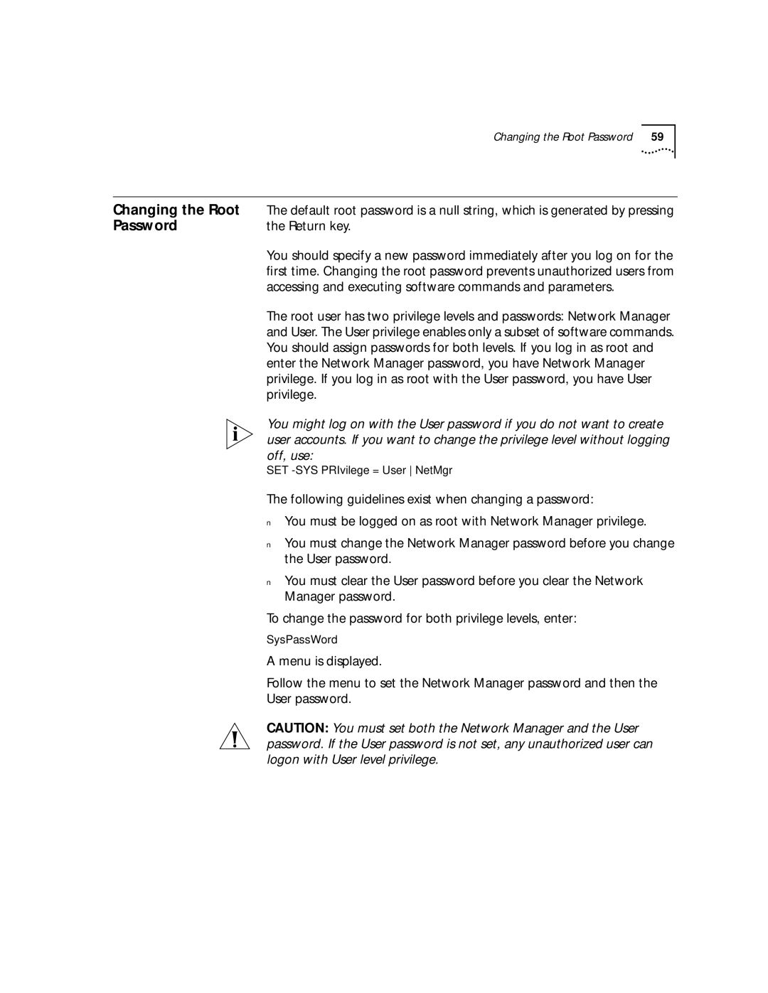 3Com NETBuilder SI manual Changing the Root, Password, Return key, Accessing and executing software commands and parameters 