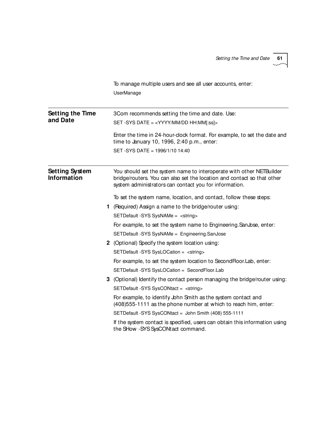 3Com NETBuilder SI, SuperStack II manual Setting the Time and Date, Setting System, Information 