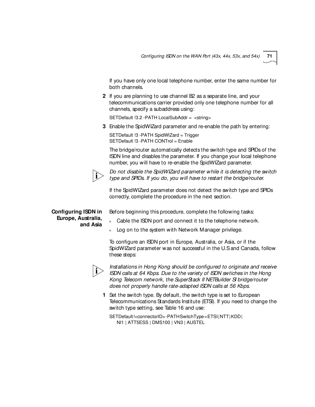 3Com NETBuilder SI, SuperStack II manual Conﬁguring Isdn Europe, Australia Asia 