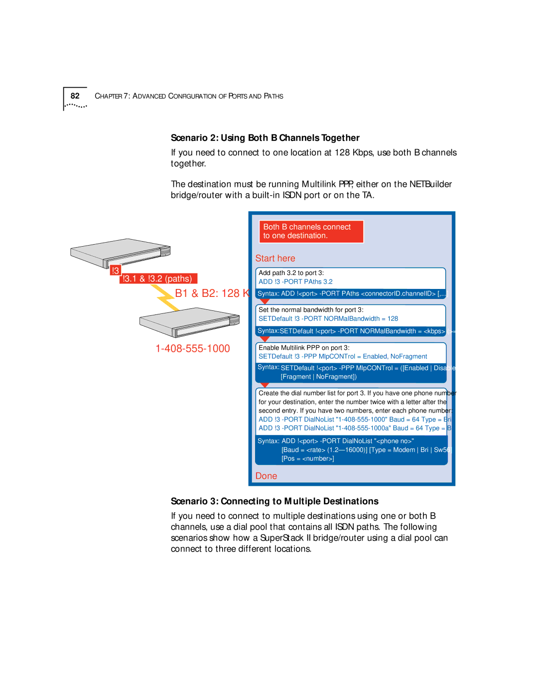 3Com SuperStack II manual Scenario 2 Using Both B Channels Together, Scenario 3 Connecting to Multiple Destinations 