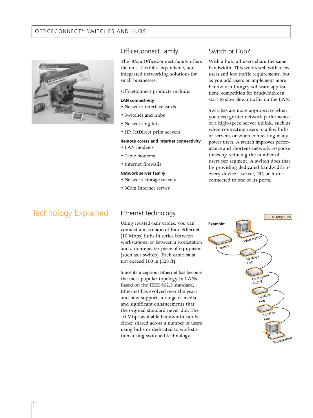 3Com Switches/Hub manual Technology Explained, OfficeConnect Family Switch or Hub?, Ethernet technology, LAN connectivity 