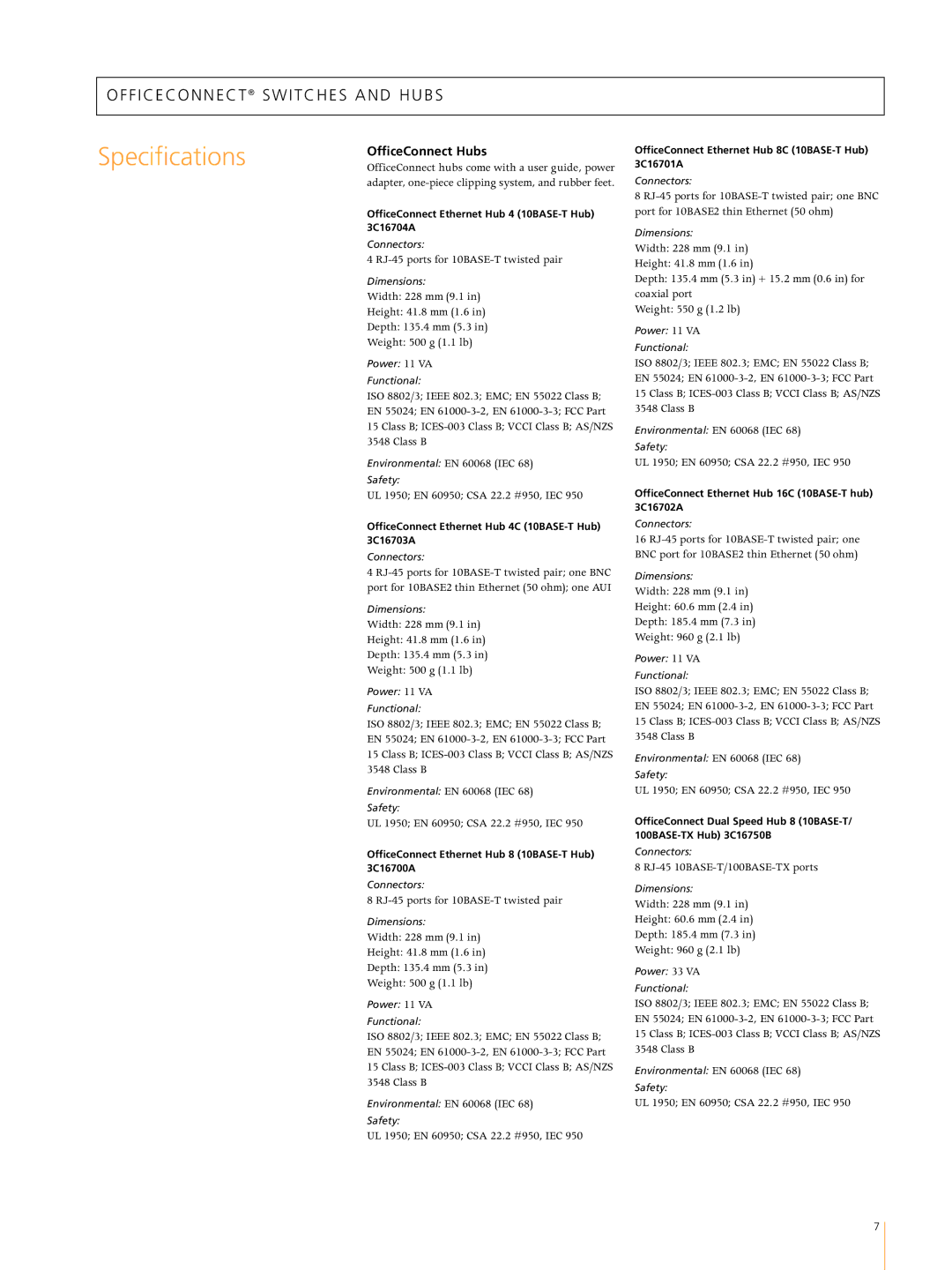 3Com Switches/Hub manual Specifications, OfficeConnect Hubs, RJ-45 ports for 10BASE-T twisted pair 