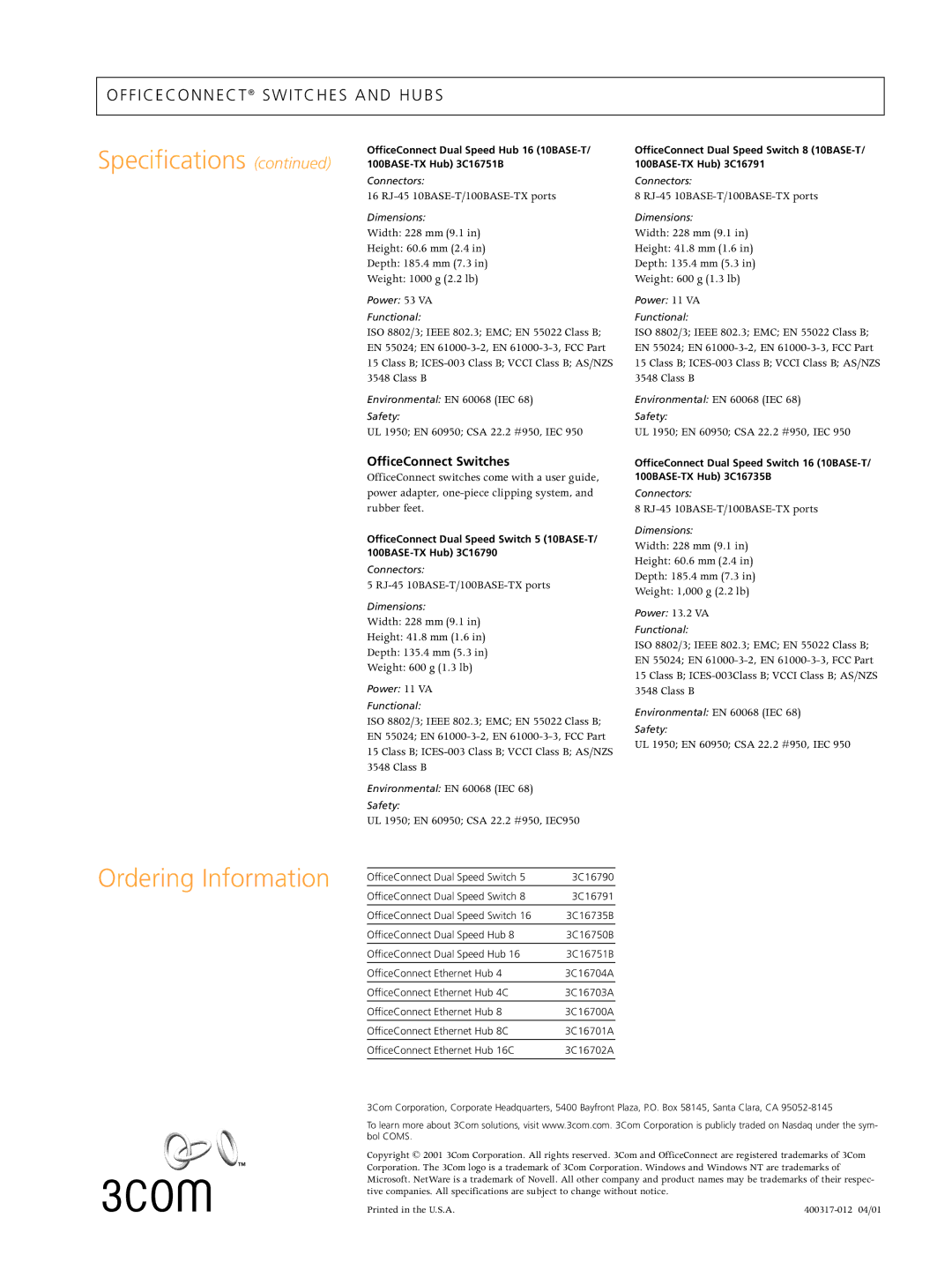 3Com Switches/Hub manual Specifications Ordering Information, OfficeConnect Switches, 16 RJ-45 10BASE-T/100BASE-TX ports 