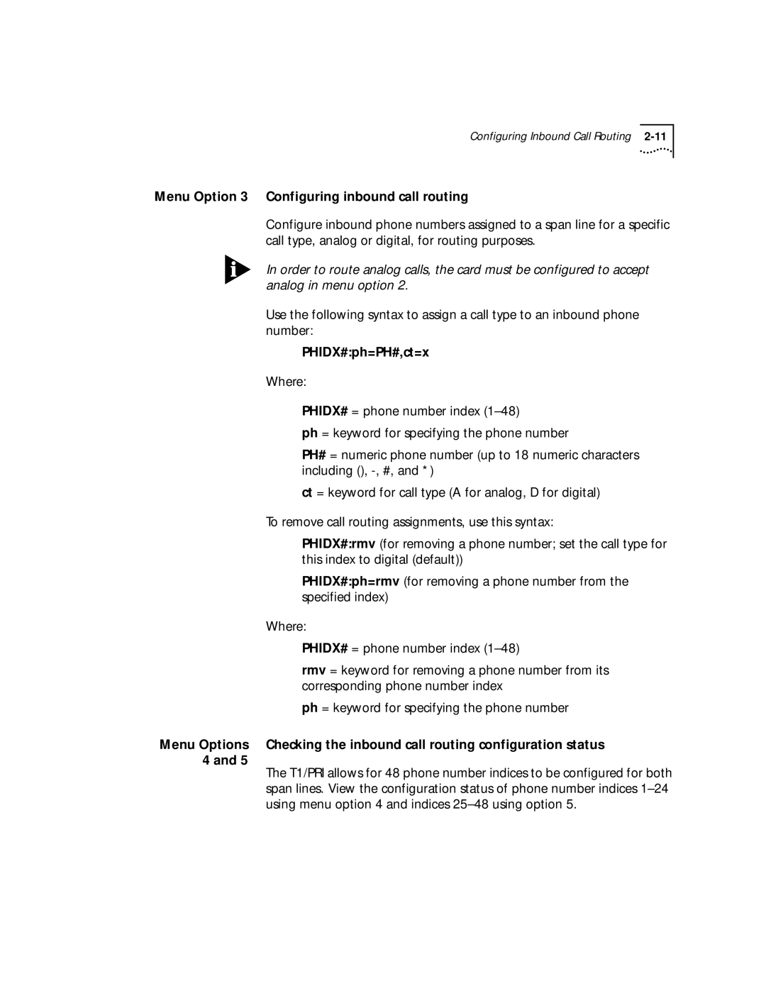 3Com T1/PRI manual Configuring inbound call routing, PHIDX#ph=PH#,ct=x 