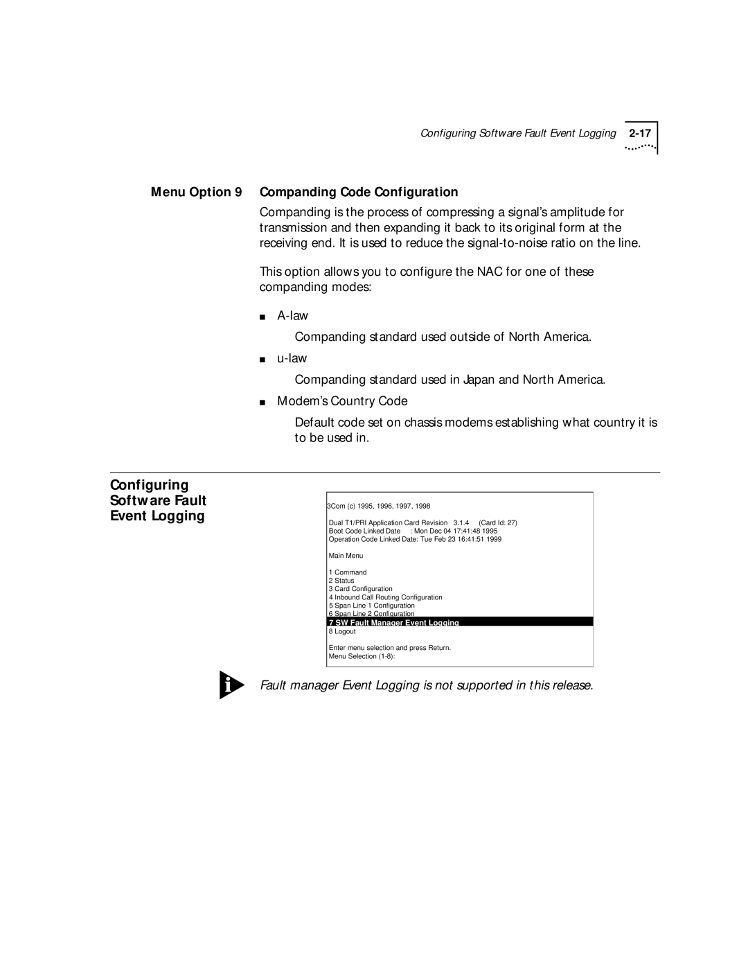 3Com T1/PRI manual Configuring Software Fault Event Logging, Menu Option 9 Companding Code Configuration 