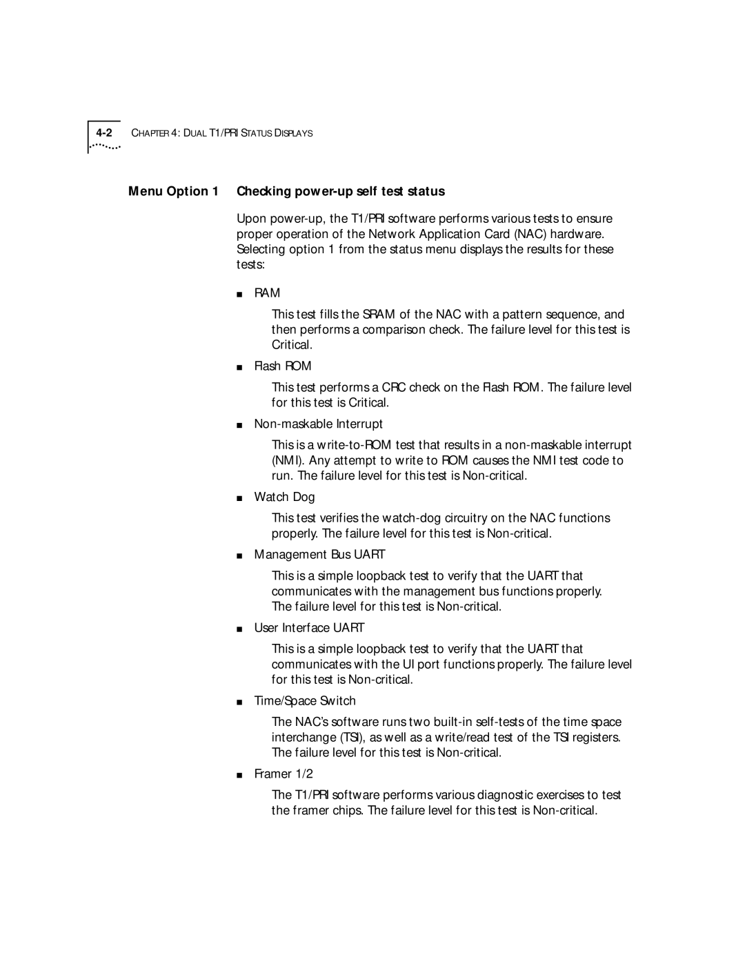 3Com T1/PRI manual Menu Option 1 Checking power-up self test status, Ram 