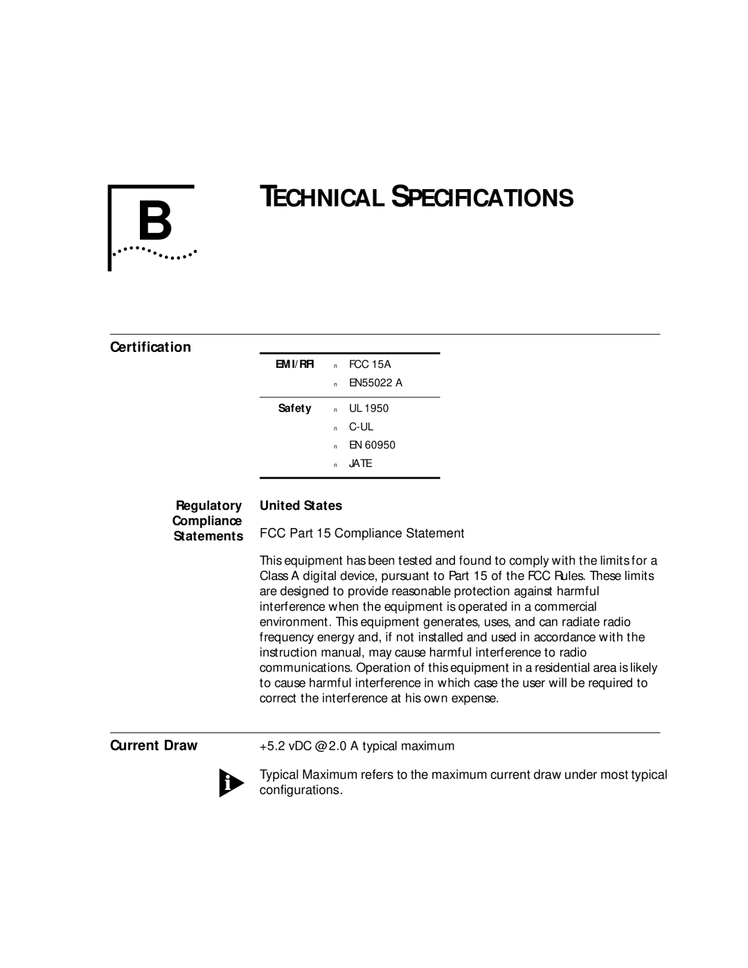 3Com T1/PRI manual Technical Specifications, Certification, Current Draw, Regulatory United States Compliance, Statements 