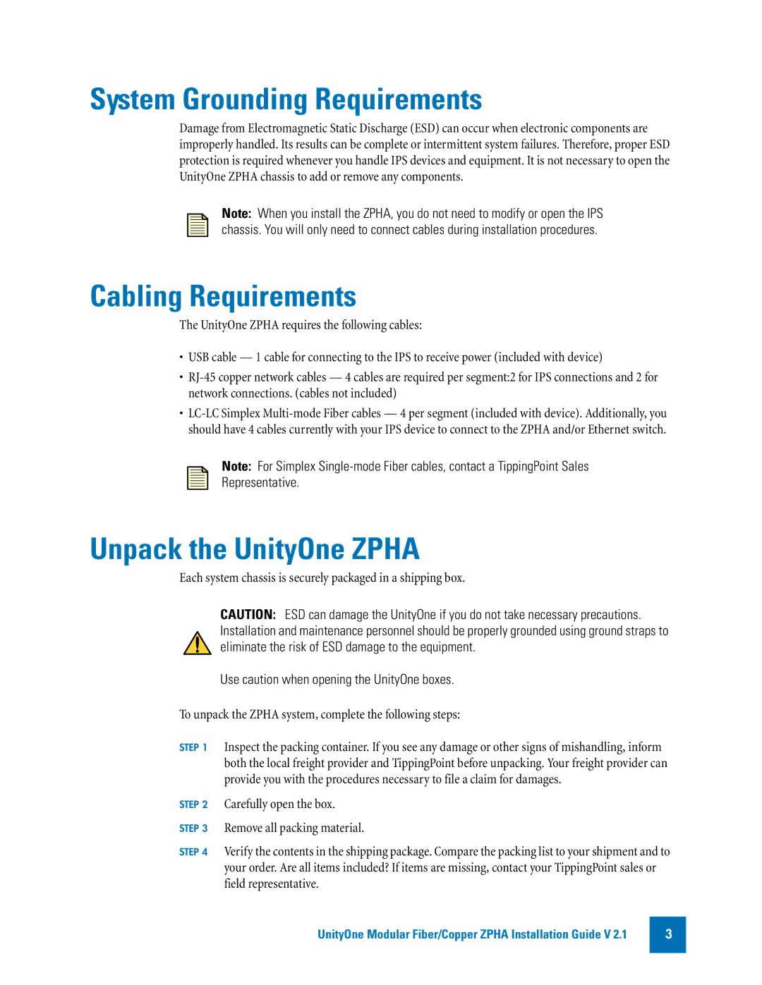 3Com TECHD-0000000050 manual System Grounding Requirements, Cabling Requirements, Unpack the UnityOne Zpha 