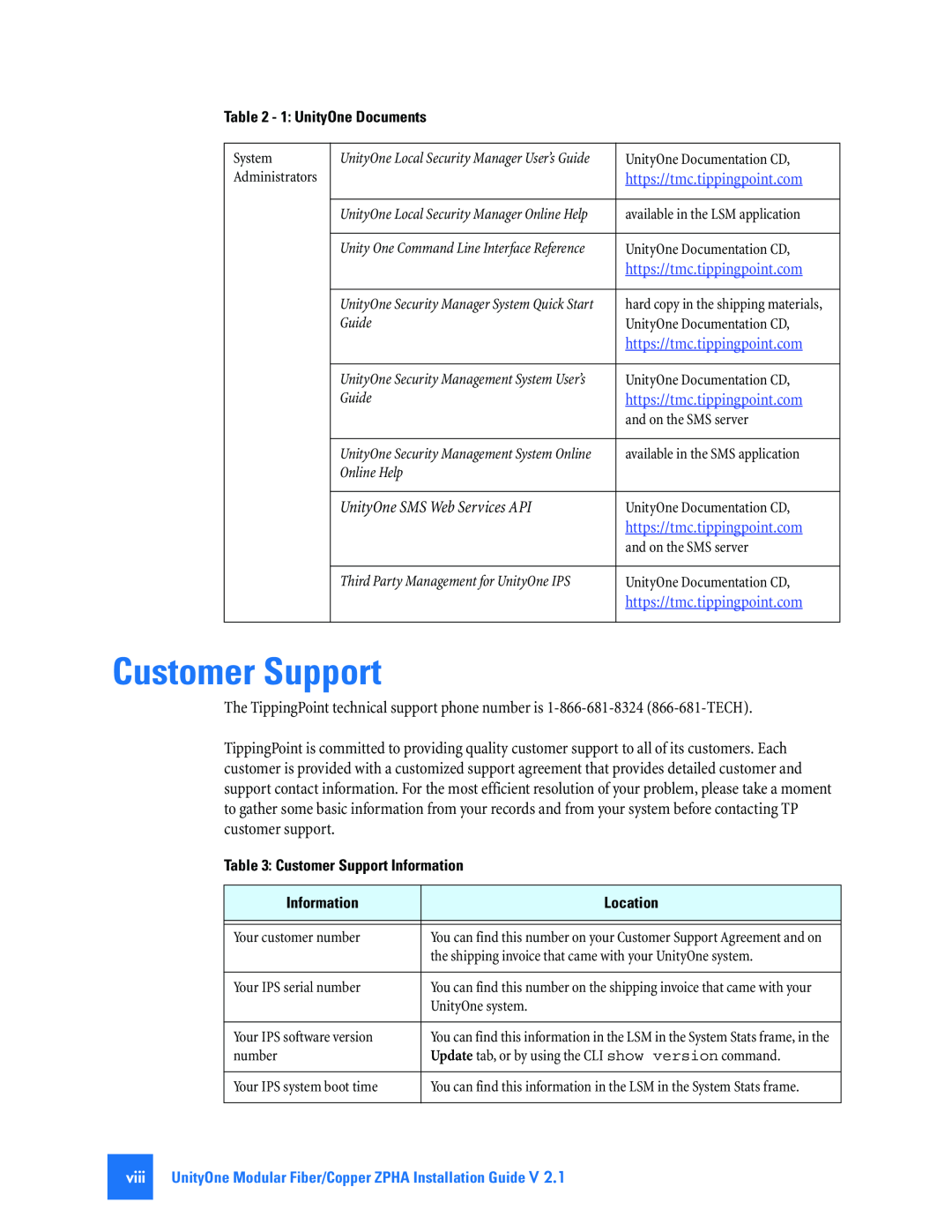3Com TECHD-0000000050 manual Customer Support, https//tmc.tippingpoint.com, UnityOne SMS Web Services API 