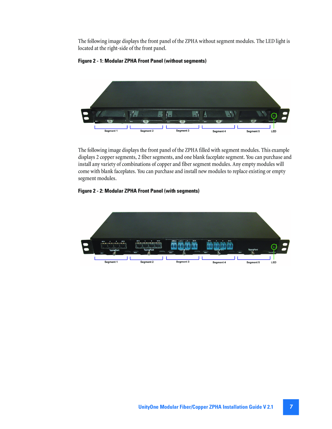 3Com TECHD-0000000050 manual 1 Modular ZPHA Front Panel without segments, 2 Modular ZPHA Front Panel with segments 