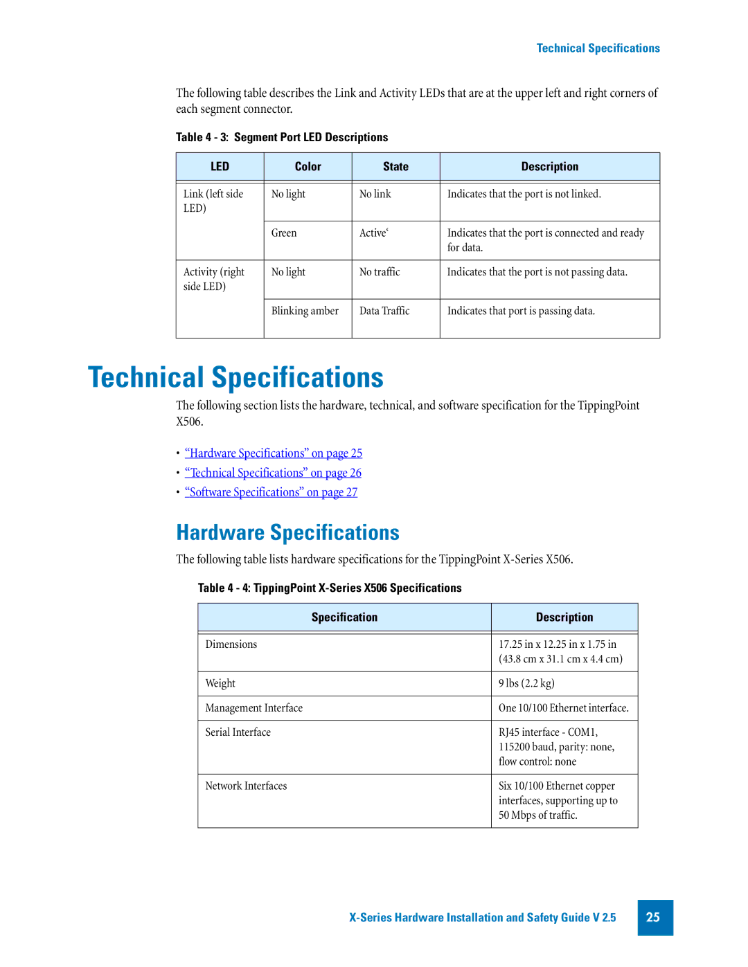 3Com TECHD-0000000122 manual Segment Port LED Descriptions, TippingPoint X-Series X506 Specifications Description 