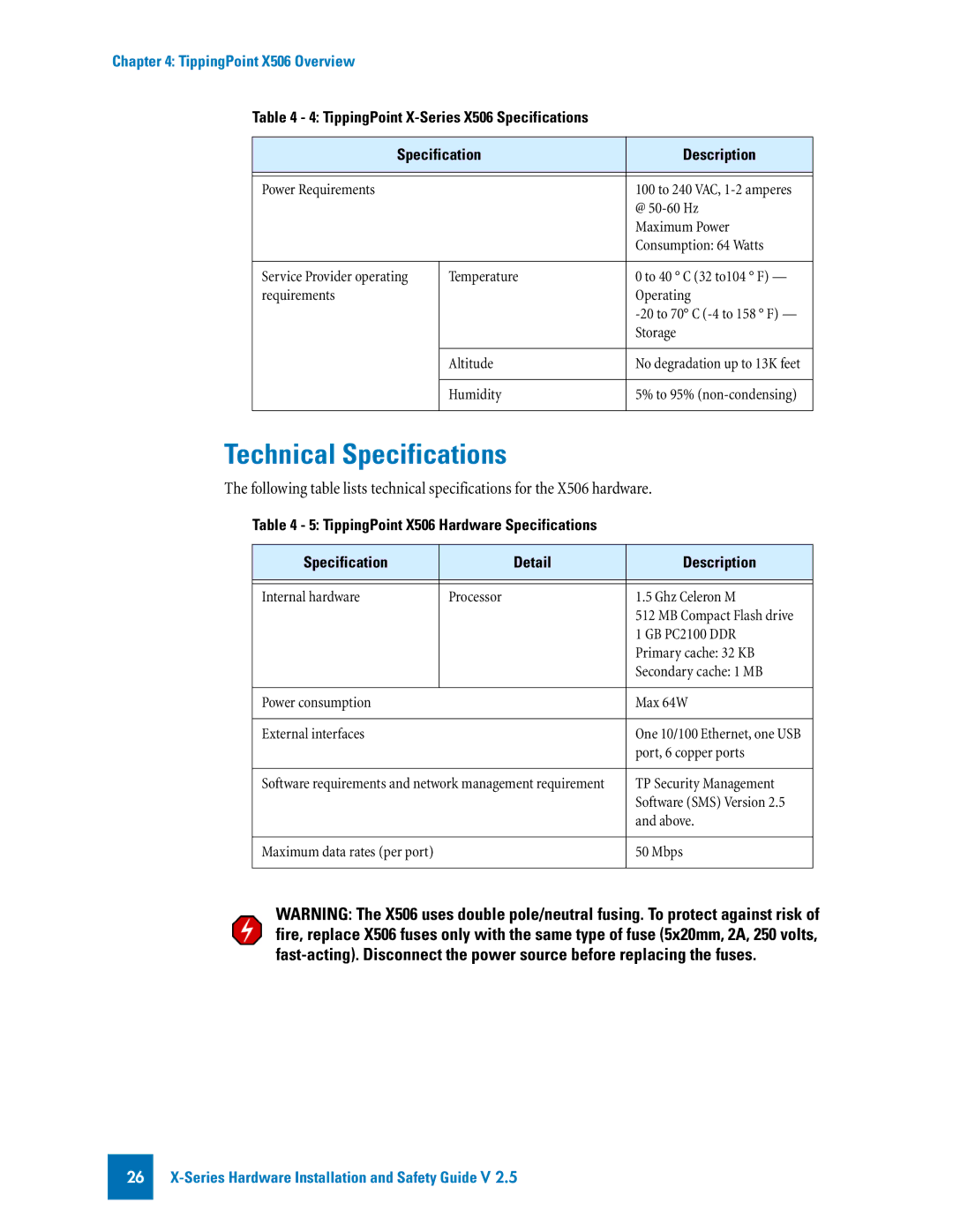 3Com TECHD-0000000122 manual TippingPoint X506 Hardware Specifications Detail Description 