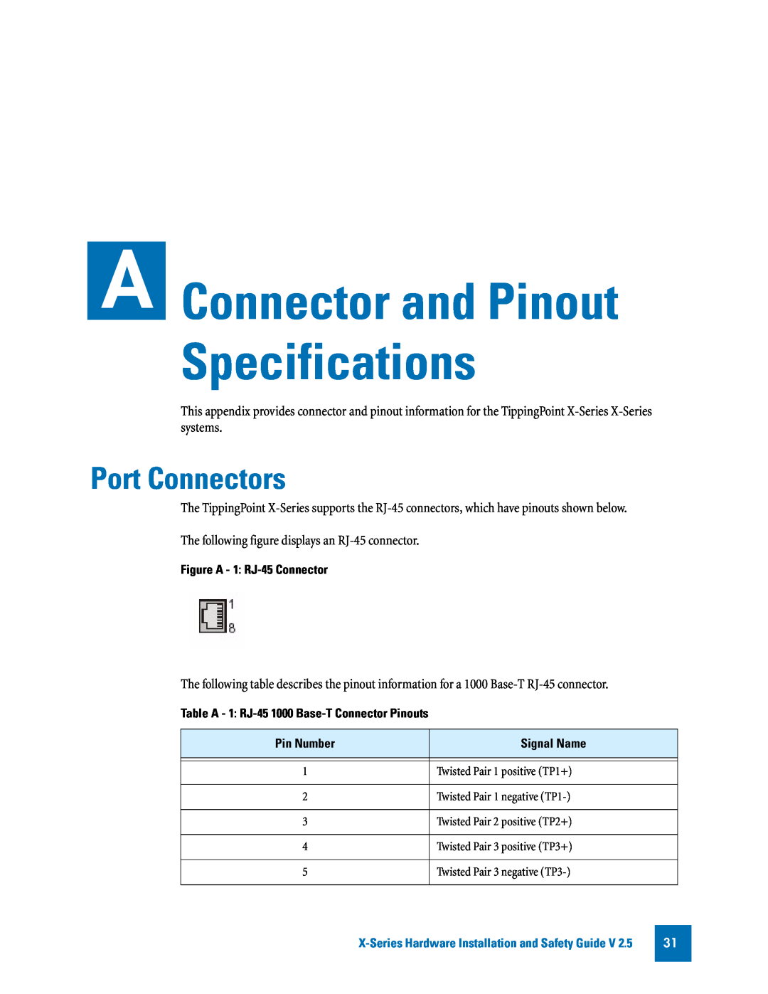 3Com TECHD-0000000122 manual Port Connectors, Connector and Pinout Specifications 