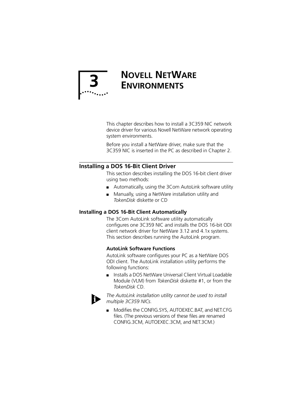 3Com TokenLink VelocityTM XL PCI Network Interface Card Novell Netware Environments, Installing a DOS 16-Bit Client Driver 