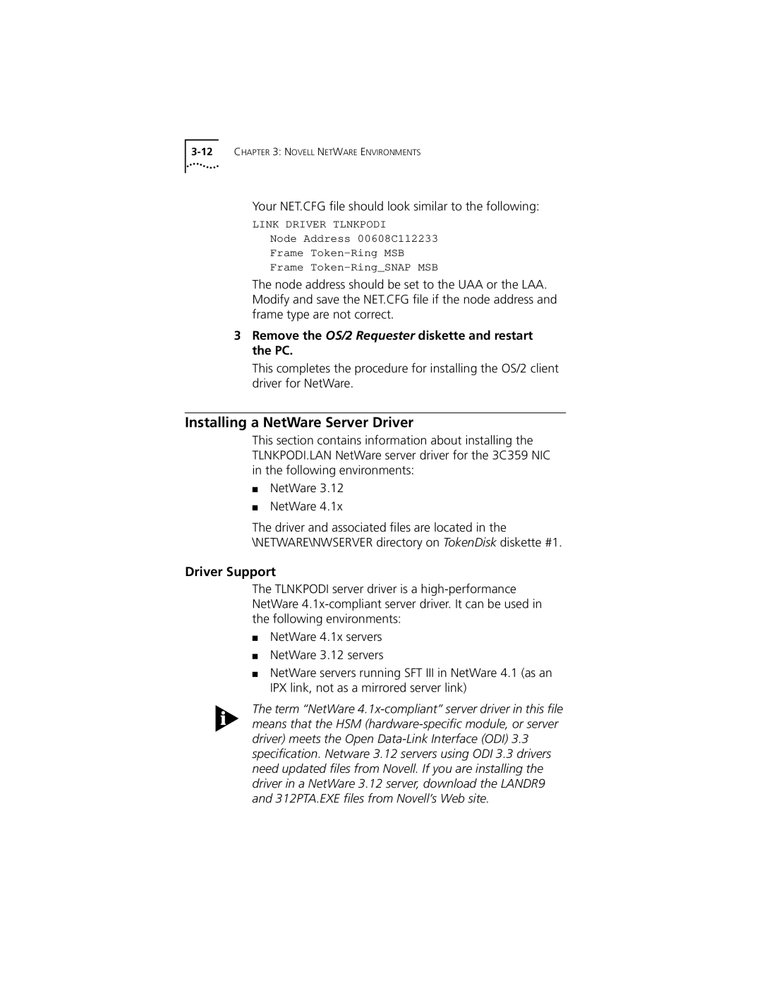 3Com TokenLink VelocityTM XL PCI Network Interface Card manual Installing a NetWare Server Driver, Driver Support 