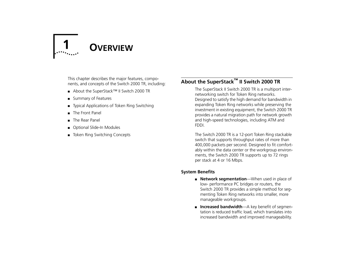 3Com manual Overview, About the SuperStack II Switch 2000 TR, System Beneﬁts 