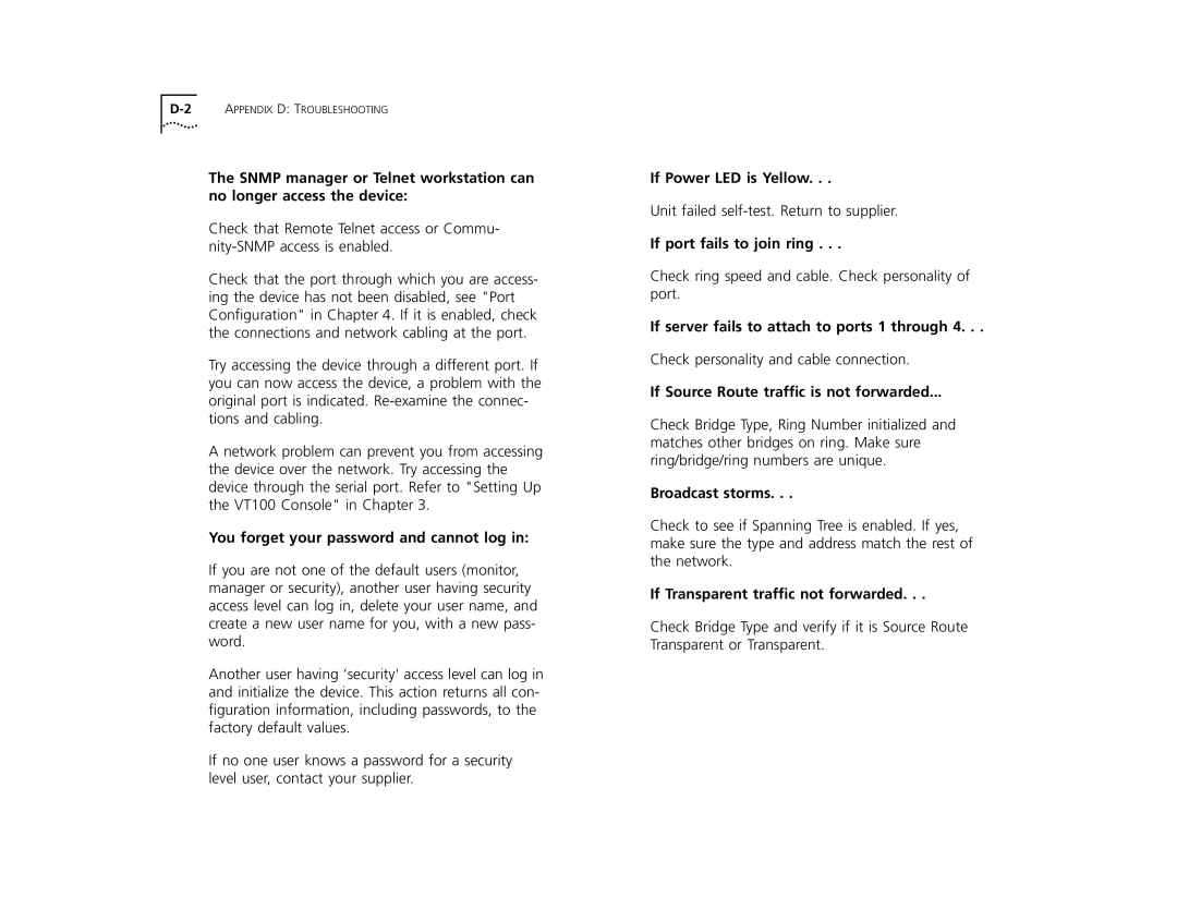3Com TR You forget your password and cannot log, If Power LED is Yellow, If port fails to join ring, Broadcast storms 
